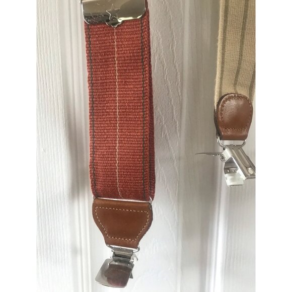 Vtg Big Sport Burnt Orange Tan Blue Striped Suspenders Leather Elastic Braces - Picture 8 of 9